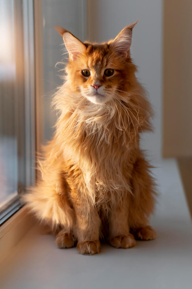 goldenbrown maine coon cat sittingnear the window and looking ahead