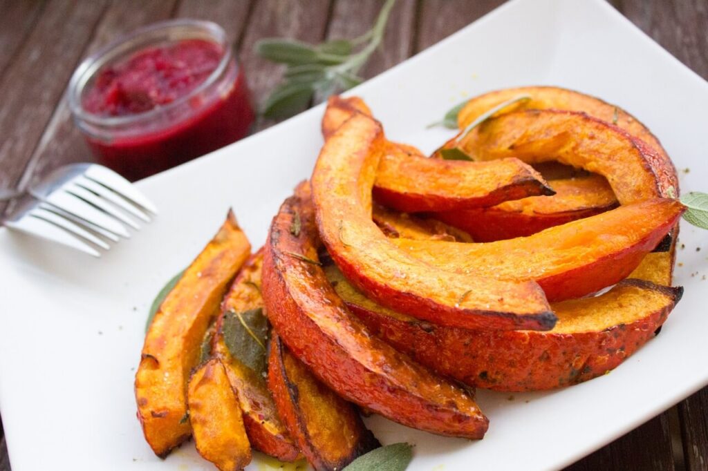 roasted pumpkins in a white plate