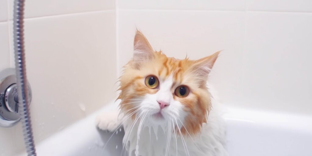 orange and white tabby enjoying bath